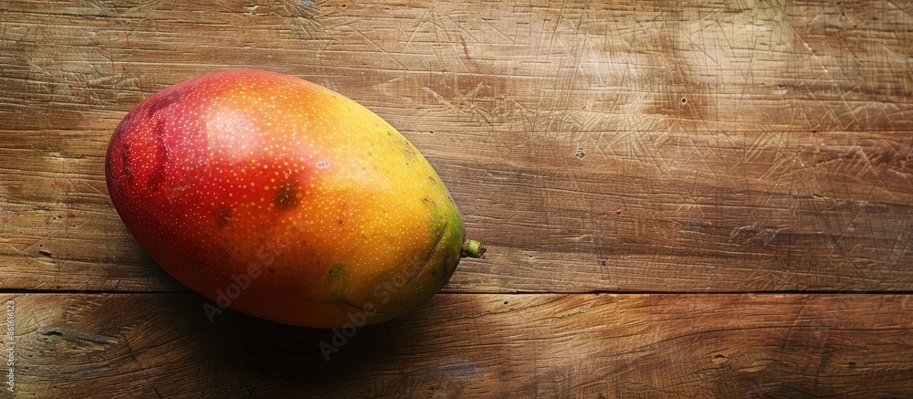 Leinwandbilder From a top-down perspective, a ripe mango is displayed on a wooden surface, providing a backdrop with ample space for additional text or images, known as a 'copy space image.'