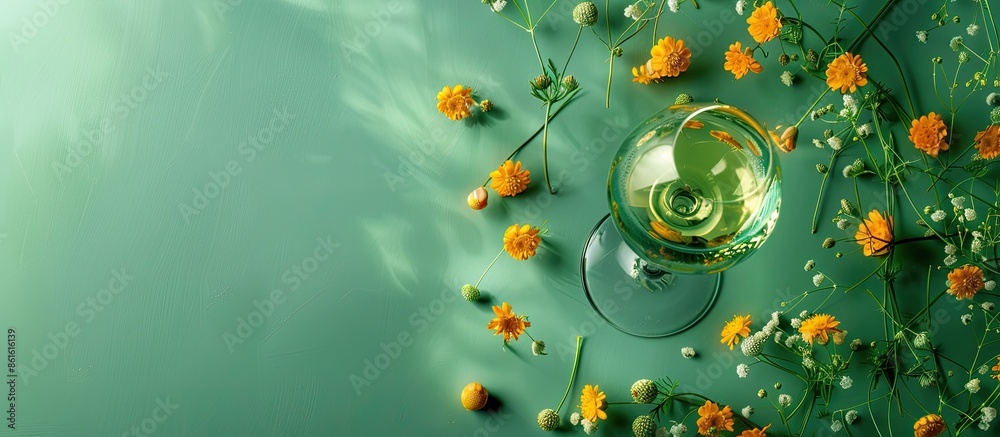 Aufkleber top view of a wine glass surrounded by small yellow flowers on a green background with ample copy sp