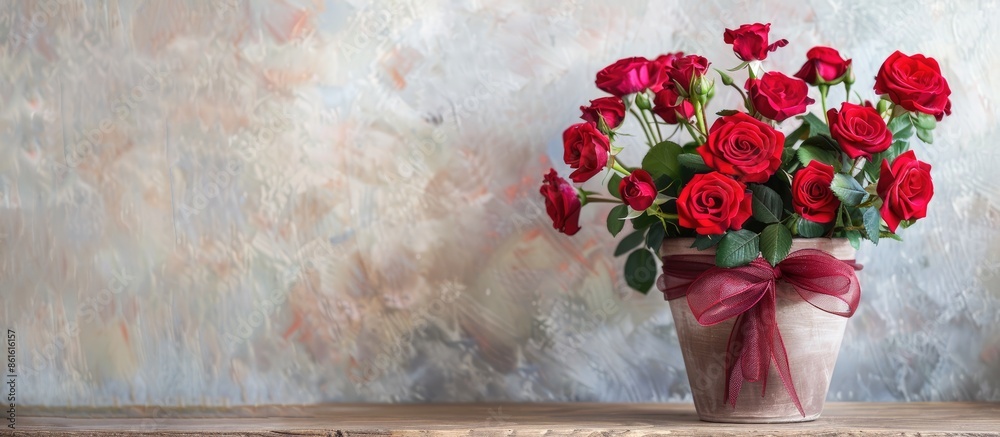 Poster Red roses in a pot with a ribbon on a wooden table against a light backdrop with copy space image.