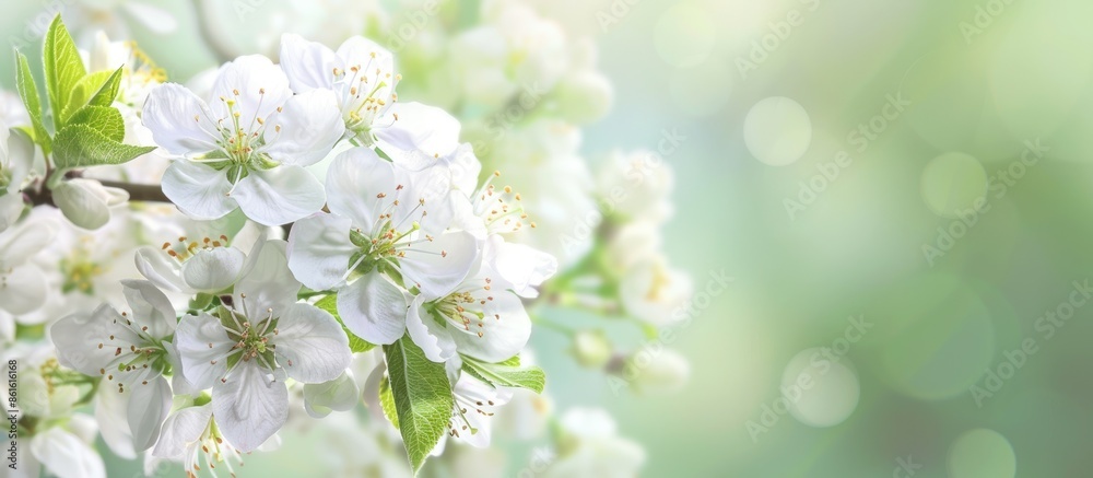 Poster Spring background with a close-up image of a blossoming white apple tree branch, providing ample copy space.