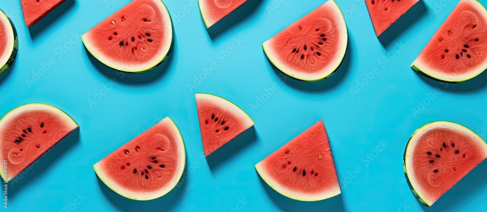 Poster Red watermelon slices on a blue backdrop, embodying a summer theme in a flat lay composition with a top view perspective and room for text or images. with copy space image