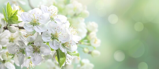 Spring background with a close-up image of a blossoming white apple tree branch, providing ample copy space.