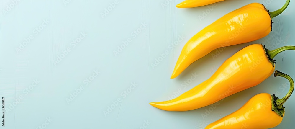 Leinwandbilder Built abreast yellow hot peppers on empty pastel background. with copy space image. Place for adding text or design