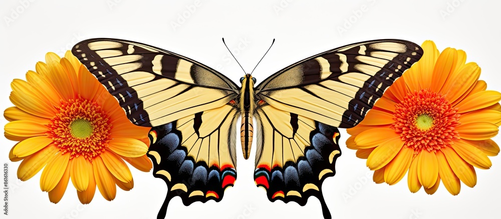 Aufkleber a gerbera flower with a swallowtail butterfly, papilio machaon, isolated on a white background, leav