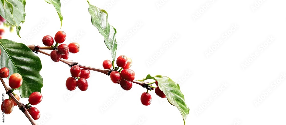 Aufkleber Red coffee beans on a branch of coffee tree, ripe and unripe berries isolated on white background. Copy space image. Place for adding text or design