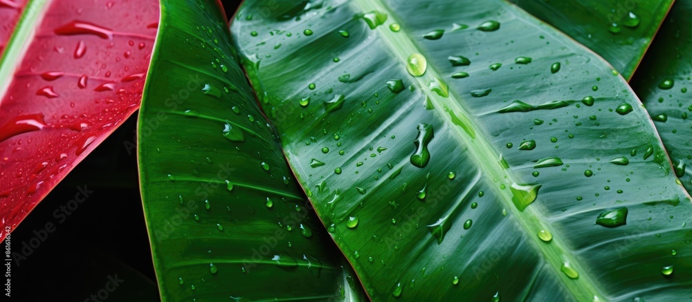 Poster nature abstract background with raindrops on a vibrant red ginger leaf providing an artistic feel wi