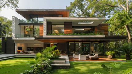 Obraz premium Modern house with green lawn and terrace offering scenic views, featuring contemporary design, large windows, and surrounded by lush vegetation.