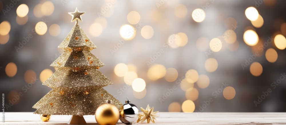 Poster Christmas tree with festive decorations in the background of an empty table, suitable for displaying a copy space image.