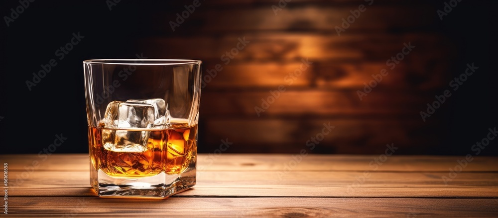 Poster a glass of whiskey is placed on a vintage wooden table, creating a rustic ambiance in the background