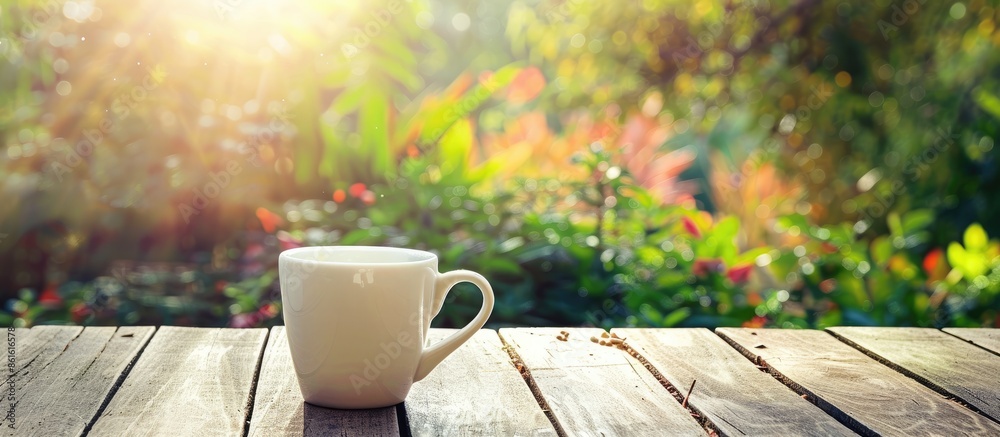 Leinwandbilder an inviting scene in a garden: a white coffee cup on a wooden table against a natural backdrop; perf