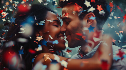 Portrait of a happy american biracial couple in love at a party with star blue and red confetti falling on them. Independence day july 4th party outdoors in America.