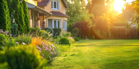 Obraz premium Picturesque House with Lush Green Lawn and Garden. Concept Landscaping, Front Yard, Backyard Oasis, Home Exterior, Garden Design