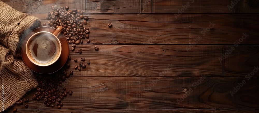 Poster a cup of coffee and burlap sack of beans with smoke on wooden background, with space for text. with 