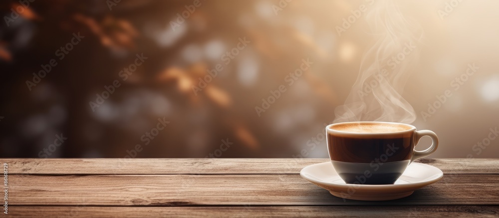 Aufkleber coffee cup on a wooden table with copy space image. ready to sip in a cozy cafe setting.
