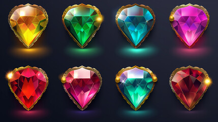 Fototapeta premium Asset of Diamonds buttons with gold frames for mobile game or slot game icons, Illustration