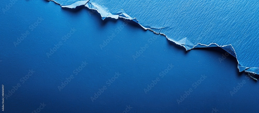 Poster Solid deep blue background with a sheet of textured blue craft paper turned over, seen from above, creating a visually appealing copy space image.