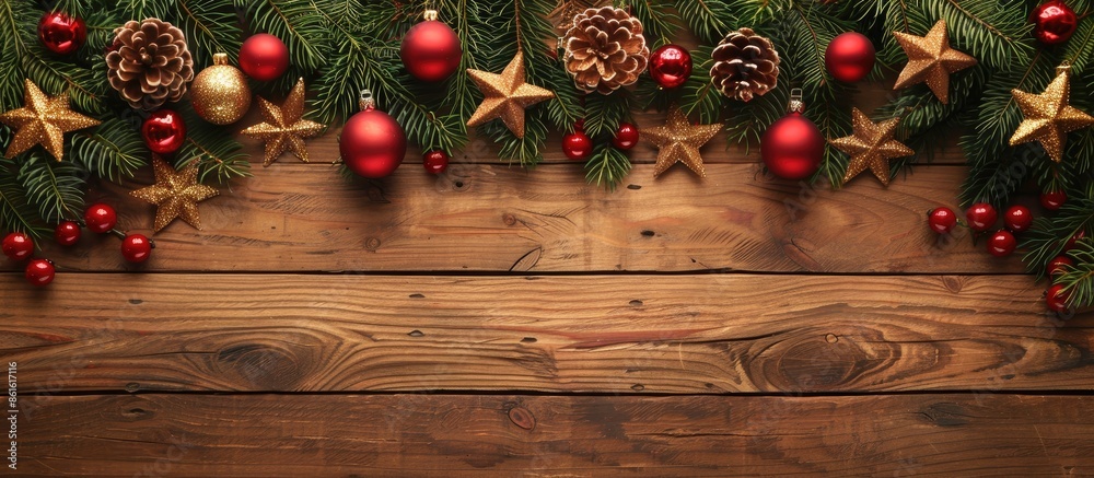 Aufkleber christmas and new year decorations displayed on a wooden background with copy space image.