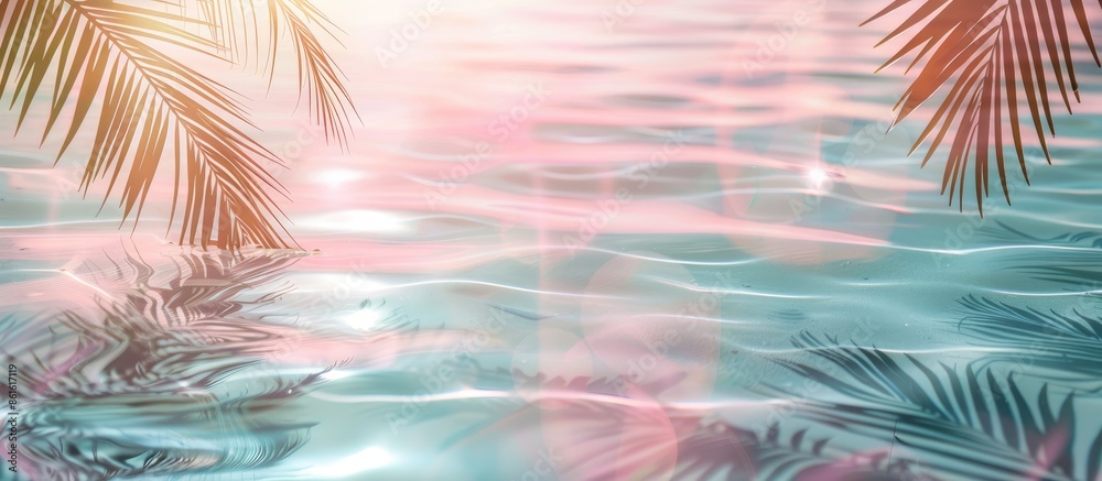 Poster abstract beach background with sunlight on water and shadow from palm leaves, ideal as a banner for 