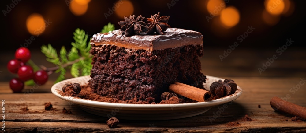Fototapete a delectable slice of chocolate cake placed on a rustic wooden table with a rich brownie on a simila