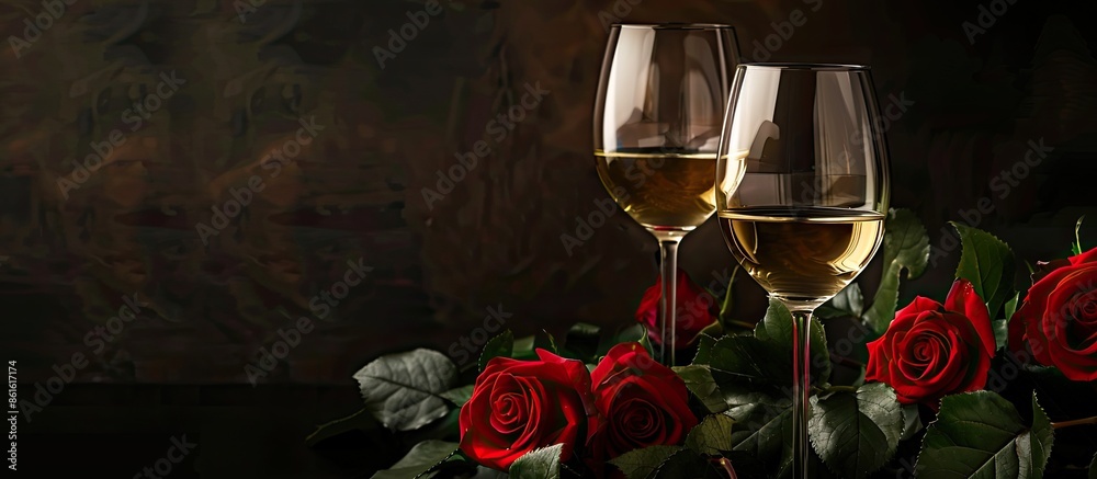 Poster a dark background sets the scene for an elegant composition featuring wine glasses, roses, and ample