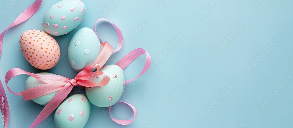 Poster colorful easter eggs tied with a pink ribbon on a light blue background for a top view flat lay comp