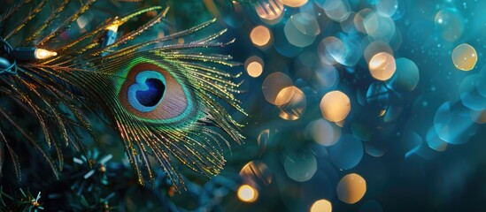 Christmas tree decoration: Christmas decorations, glow lights, the decorations in the form of a peacock feather. concept: interior for a living room with a blue wall, postcard or poster © vxnaghiyev
