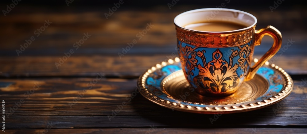 Fototapete Traditional Turkish coffee cup with intricate patterns and a retro feel, placed on a wooden table with a blank copy space image for text or design elements.