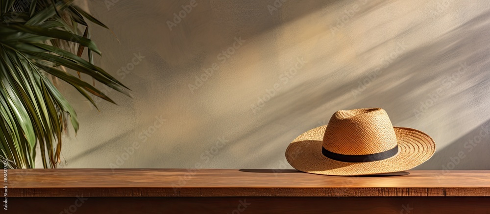 Aufkleber a tropical hat prop on a wooden shelf against a wall with a palm tree branch casting shadow - copy s