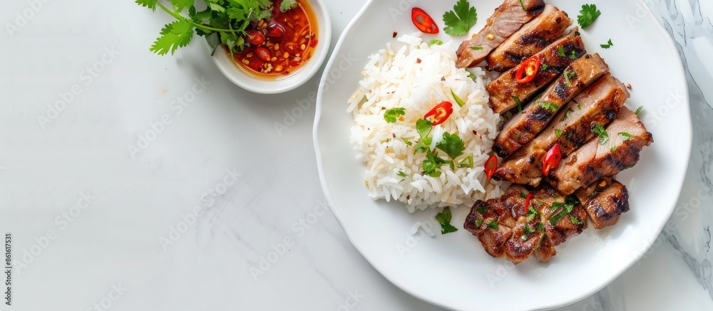 Aufkleber Grilled Pork and Jasmine Rice on a white background plate, suitable for background purposes with available copy space image for adding text.