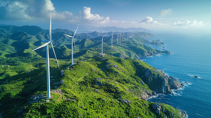 High-angle photorealistic view of numerous white wind turbines stretching across lush green hills along a coastal landscape, with the deep blue ocean and clear sky in the background. 