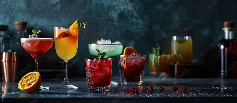 Aufkleber Various delectable cocktails displayed on a dark tabletop in a bar setting with available copy space image.