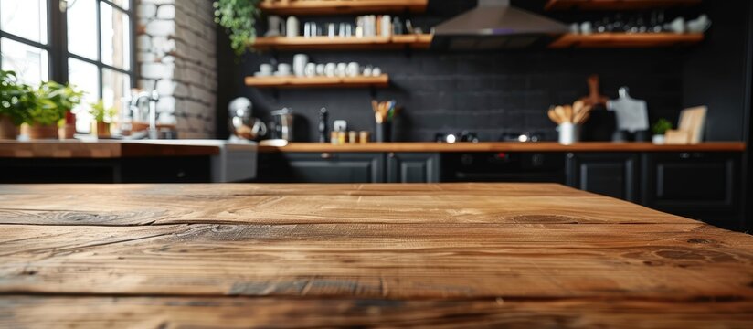 Side view on a wooden table and spacious industrial loft kitchen with vintage decor and black cabinets. with copy space image. Place for adding text or design