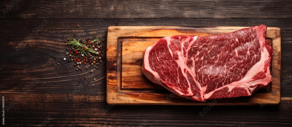Aufkleber Marbled beef striploin steak displayed on a rustic meat cleaver, set against a wooden background in a top view perspective with copy space image.
