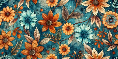 Seamless floral pattern with grunge textured abstract hand drawn flower and leaf background elements isolated in orange and blue