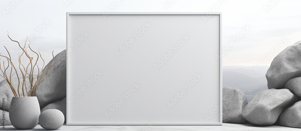 Poster Mock up for design featuring blank paper sheets on a light grey stone background with copy space image.