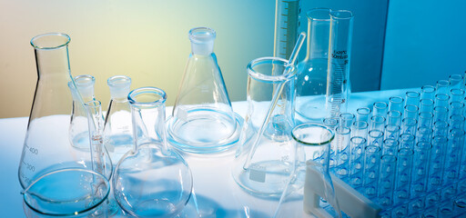 Empty glass flasks placed in a laboratory table