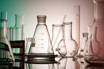 Empty glass flasks placed in a laboratory table