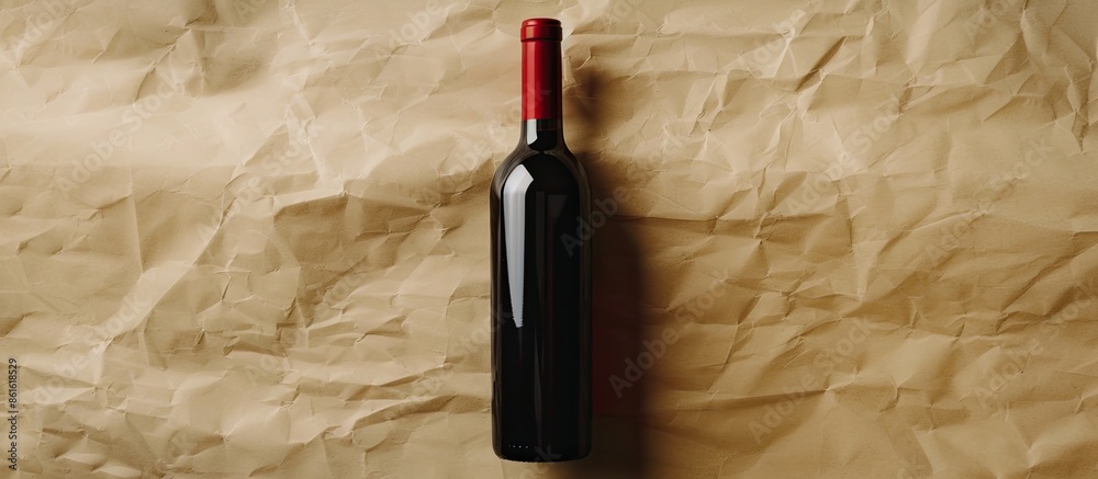 Poster top view of a red wine bottle on paper backdrop, providing copy space image.