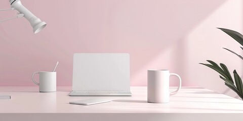 Coffee cup on desk next to laptop computer