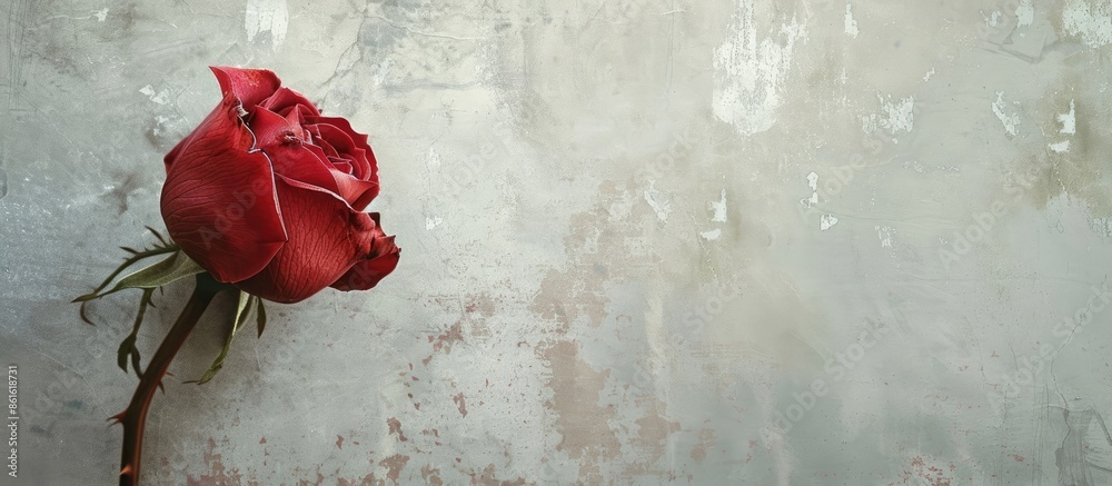 Poster a single red rose blooming on a subtle grey backdrop, shown up-close with detailed texture, ideal fo