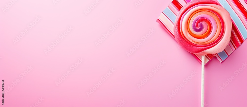 Poster colorful background features a pink lollipop, creating a birthday greeting card concept with copy sp