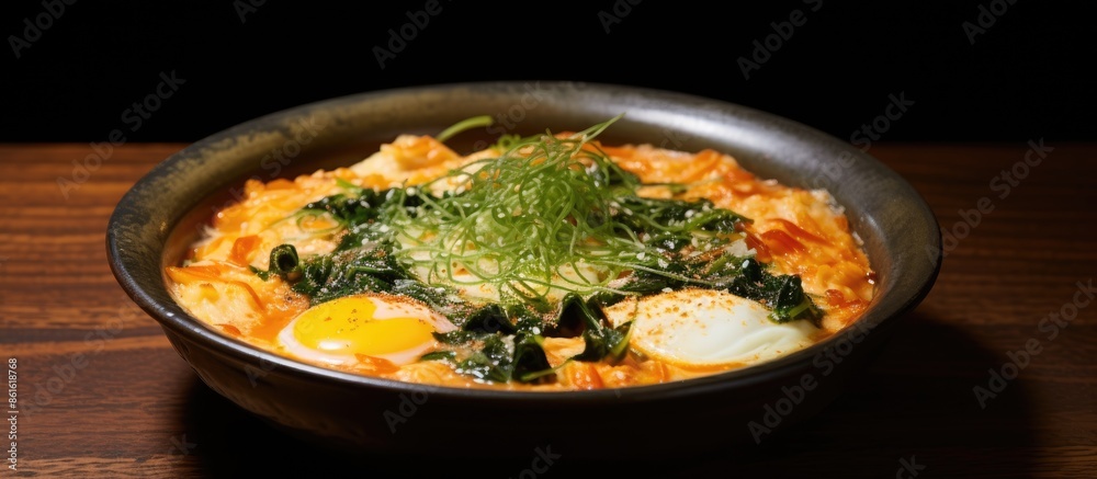 Poster delicious korean dish known as kimchi porridge. with copy space image. place for adding text or desi