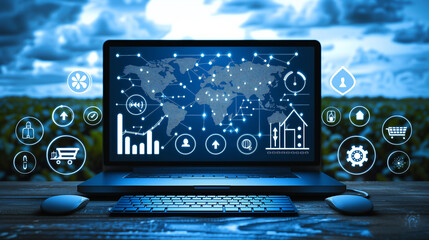 A laptop displaying a digital world map with interconnected icons, representing global technology and networking.