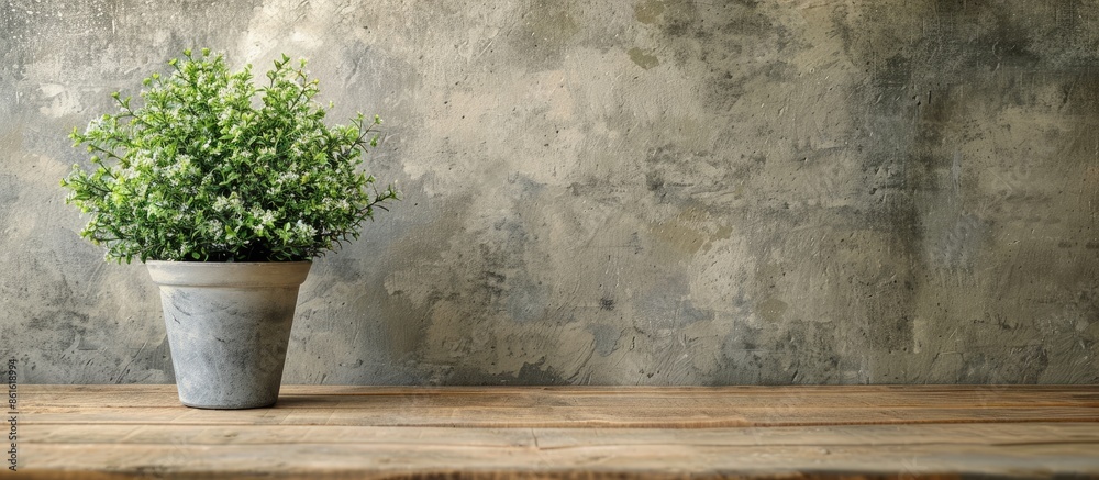 Leinwandbilder Small plant placed on a wooden table with a blank wall in the background providing a neat backdrop with ample space for adding text or images.