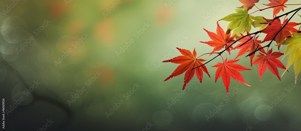 Fototapete Autumnal transformation of Japanese Maple leaves to red, set against a lush green backdrop, with space for text or other elements in the image. with copy space image. Place for adding text or design