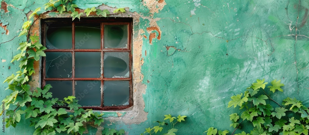Poster Green background old house wall. with copy space image. Place for adding text or design