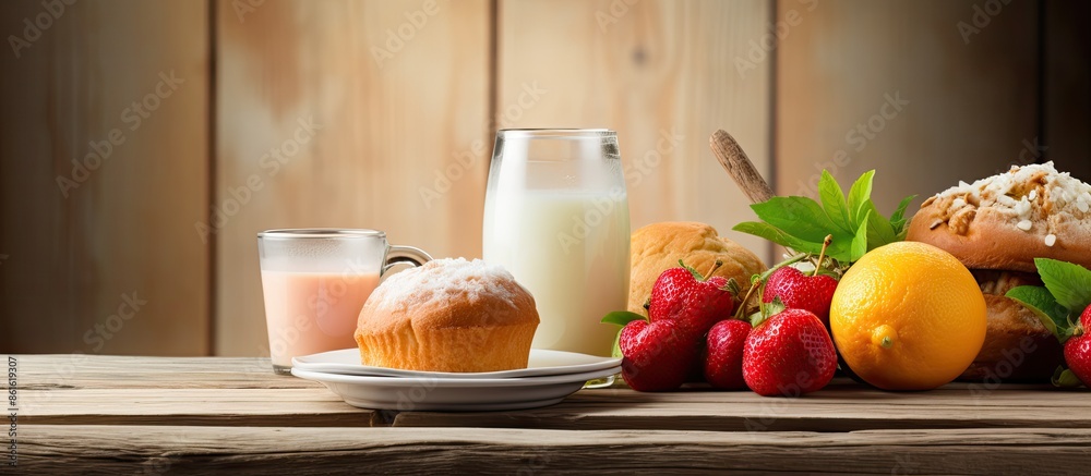 Poster breakfast table with a boiled egg, raisin and coconut muffin, fruit juice, and honey on a wooden bac