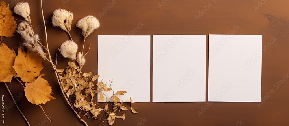 Poster Minimalistic flat lay composition featuring blank greeting cards with dry flowers on a brown backdrop, emphasizing the mockup copy space image on the paper sheets.