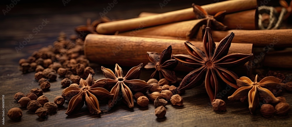 Poster cinnamon sticks and star anise arranged on a wooden table with space for a picture. with copy space 