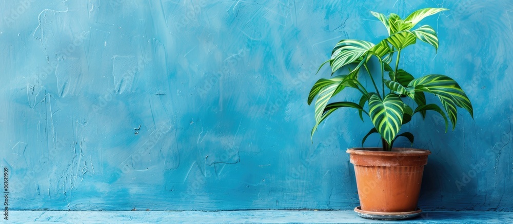 Poster plant displayed in front of a blue wall, providing a background for a copy space image.
